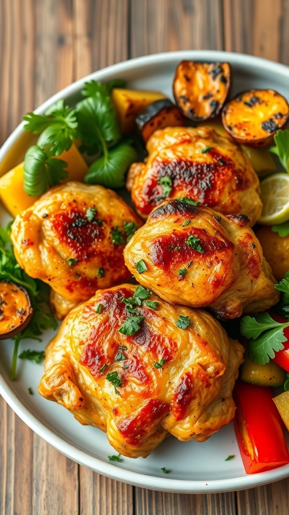 Crispy Air Fryer Chicken Thighs Recipe Crispy air fryer chicken thighs served with roasted vegetables on a rustic table.
